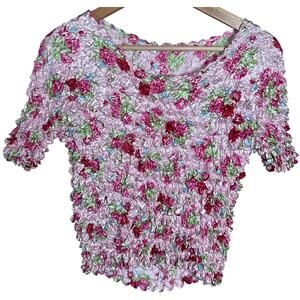 F C Purple Floral Popcorn Bubble Shirt One Size Crinkle Stretch
